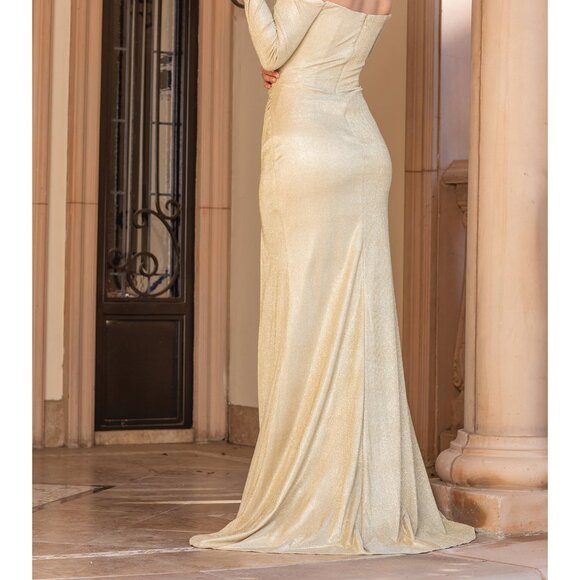 New Off Shoulder Sheath Glitter Prom Dress w/ Long Sleeves & Leg Slit DQ 4298 - Picture 6 of 9
